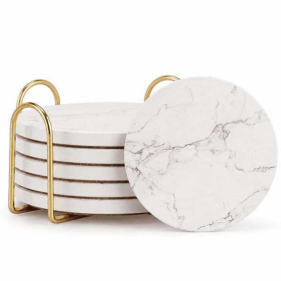 White Marble Coasters Set of 6 Absorbent Ceramic Cute Drink Coaster Holder | Stone Coasters with Holder Bar Dining Coffee Table Decor Kitchen Gift Funny Modern Cup Coster Cool Outdoor Desk Coaster