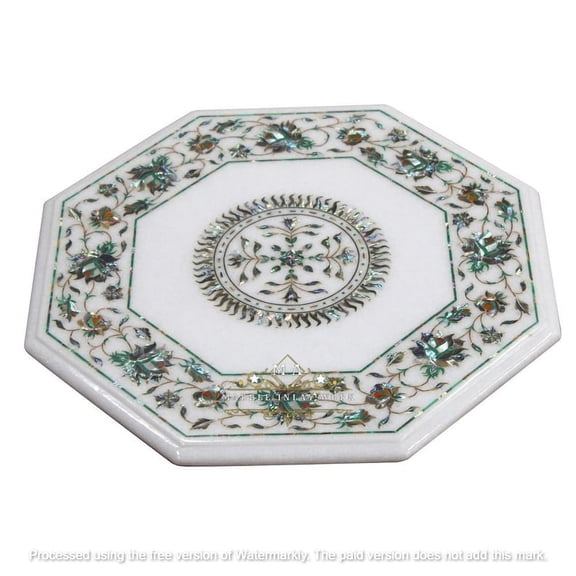 White Marble Coffee Center Table with Unique Semi-Precious Stone Inlay Art – Elegant Side Table for Living Room, Coffee & End Tables-26 Inch