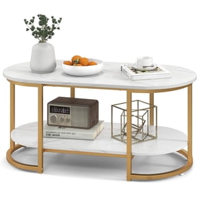 White Marble Coffee Table - Modern 2-Tier Center Table w/Open Storage Shelf, Oval Accent Table w/Faux Marble Veneer & Gold Finished Metal Frame for Living Room, Bedroom