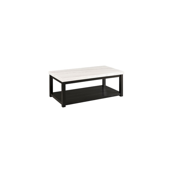 White Marble Coffee Table - Rectangle Solid Top & Black Base - 47" x 24" x 18" with Shelf