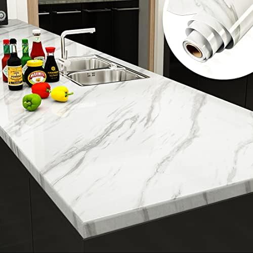White Marble Contact Paper for Countertops Kitchen Counter Top Peel and Stick Countertops Waterproof Self Adhesive Marble Wallpaper Peel and Stick 24"X118 Marble Contact Paper for Desk Cabinet