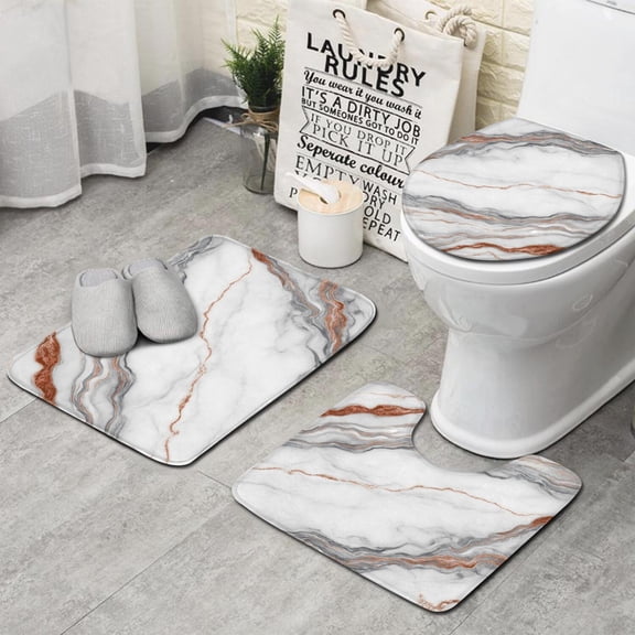 White Marble Copper Line Pattern Bathroom Rugs Sets 3 Piece,Toilet Cover Set,Absorbent Non Slip Bathroom Mats Sets with U-Shaped Contour Rug Toilet Rug Set