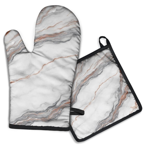 White Marble Copper Line Pattern Kitchen Oven Mitt and Pot Holder Sets 2 Pcs for Baking, Cooking and Grilling, Heat Resistant Up To 392 °F