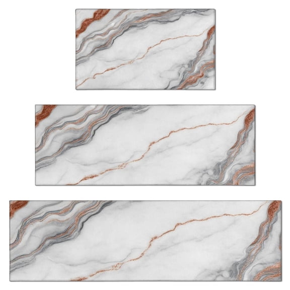 White Marble Copper Line Pattern Kitchen Rugs Sets Of 3,Kitchen Runner Rugs Non Skid Washable,Decorative Kitchen Floor Mats for Kitchen,Sink,Laundry,17"x30"+ 17"x47" + 17"x59"