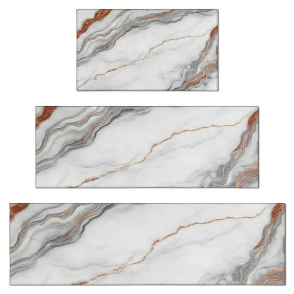 White Marble Copper Line Pattern Kitchen Rugs Sets Of 3,Kitchen Runner Rugs Non Skid Washable,Decorative Kitchen Floor Mats for Kitchen,Sink,Laundry,17"x30"+ 17"x47" + 17"x59"