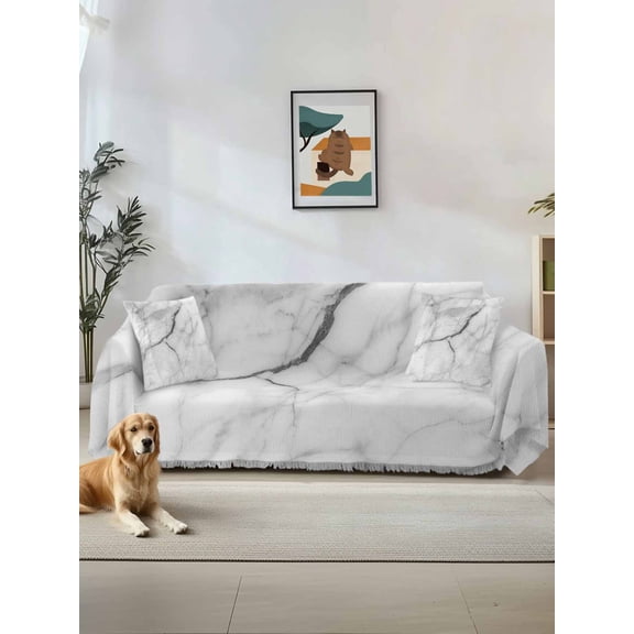 White Marble Couch Cover for 2 Cushion Sofa, Modern Geometric Abstract Minimalist Crack Washable Loveseat Sofa Covers Slipcover for Sectional Sofas L-Shaped, Couch Throw Cover 71"x118"