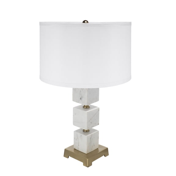 White Marble Cube Table Lamp with Gold Base, Drum Shade, Modern Bedside Desk Lamp