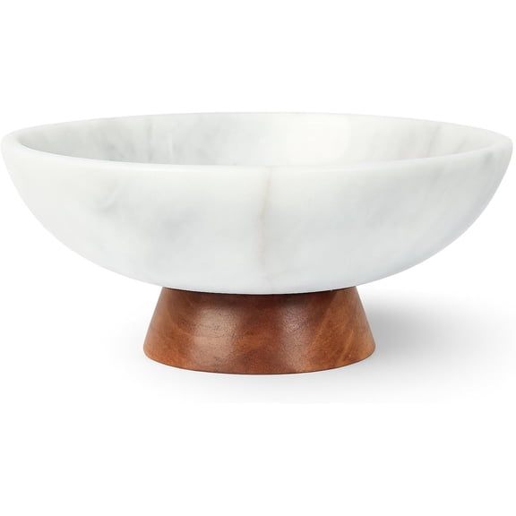 White Marble Decorative Bowl with Wood Pedestal, 10" Handcrafted Natural Stone Centerpiece with Unique Veining, Luxury Kitchen Fruit Bowl & Entryway Catch-All, for Potpourri & Coffee Table Decor