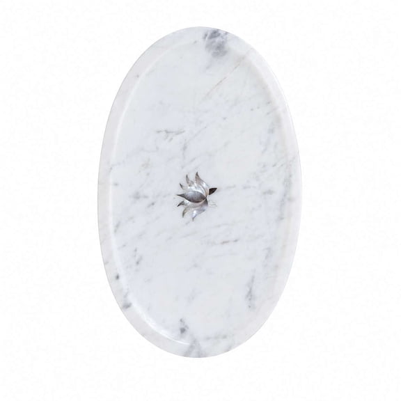 White Marble Decorative Oval Stone Tray with Floral Inlay Design, Multipurpose Vanity Organizer Tray for Bathroom Countertop, Coffee Table, Dresser and Home Decor