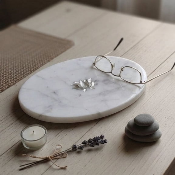 White Marble Decorative Oval Stone Tray with Floral Inlay Design, Multipurpose Vanity Organizer Tray for Bathroom Countertop, Coffee Table, Dresser and Home Decor