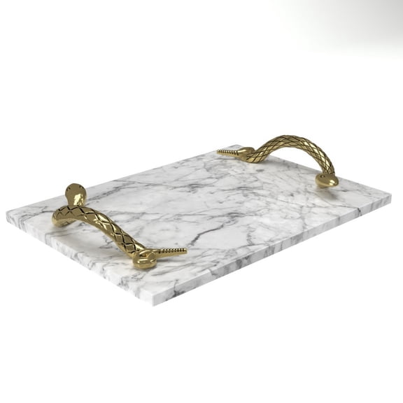 White Marble Decorative Serving Tray with Brass Snake Handles, 14"x10"