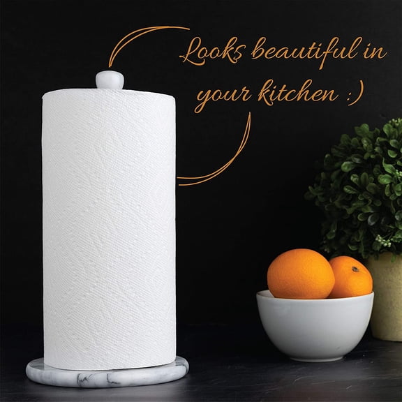 White Marble Deluxe Paper Towel Holder - Heavy Duty Upright Dispenser, Non-Steel/Plastic Design for Kitchen/Bathroom Homeowners