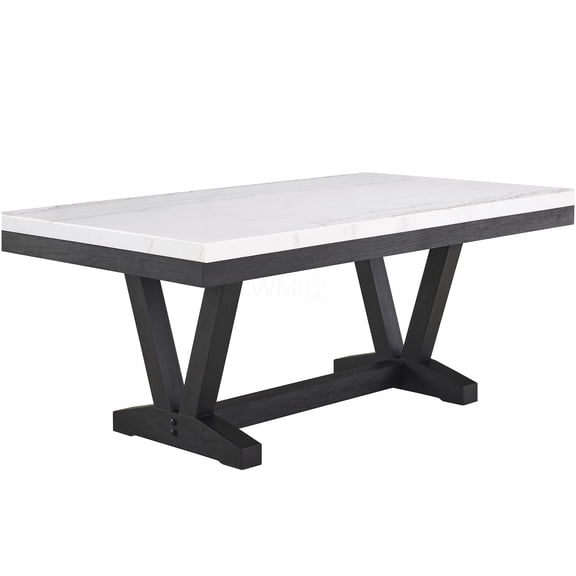 White Marble Dining Table with Black Trestle Base, Transitional Modern Rectangular Formal Dining Room Table for 6