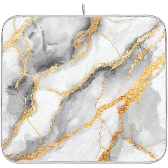 White Marble Dish Drying Mat for Kitchen Counter 16 x 18 Inch Gold Marbling Granite Absorbent Microfiber Dry Dishes Mats Drainer Mat Dish Drying Pad for Countertops
