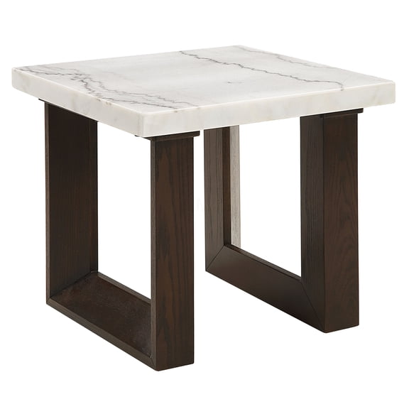 White Marble End Table with Espresso Finish, Sofa Table for Living Room, Contemporary Side Table with Sturdy U-Shaped Base