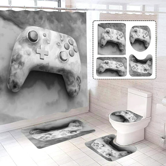 White Marble Game Shower Curtain Kids Boys Gaming Bath Curtain with 12 Hooks Modern Gamer Bathroom Decor Teens Gamepad Shower Curtain Set for Stalls Bathtubs 72" Wx72 L Waterproof