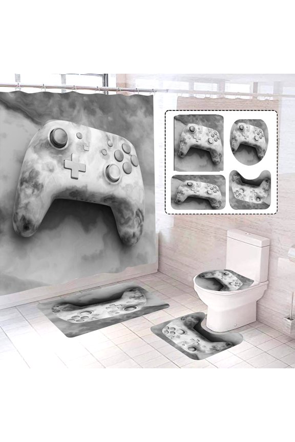 White Marble Game Shower Curtain Kids Boys Gaming Bath Curtain with 12 Hooks Modern Gamer Bathroom Decor Teens Gamepad Shower Curtain Set for Stalls Bathtubs 72" Wx72 L Waterproof