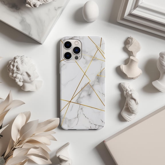 White Marble Geometric Phone Case Fits iPhone Samsung Galaxy Durable Hard Shell Abstract Stone Pattern Gift