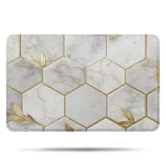 White Marble Gold Leaf Hexagon Pattern Bathroom Rugs Mat,Non Slip Microfiber Bathroom Rug,Rubber Backing,Soft Bathroom Mats for Bathroom Floor,Tub and Shower,17x27in(43x68cm)