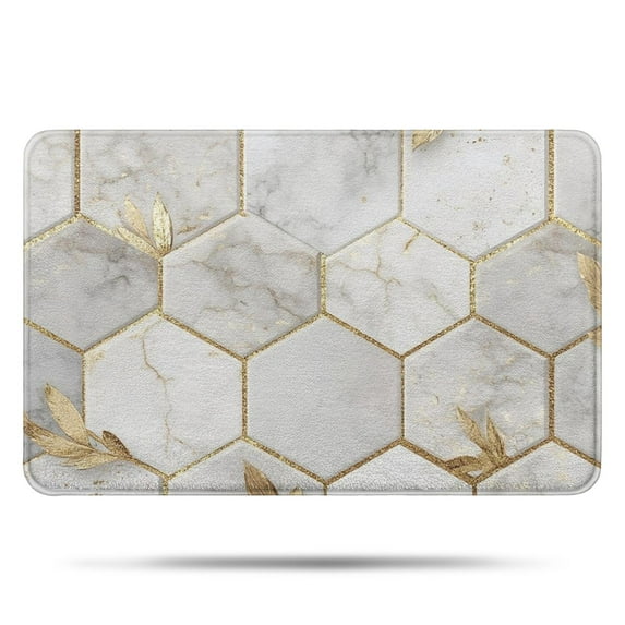 White Marble Gold Leaf Hexagon Pattern Bathroom Rugs Mat,Non Slip Microfiber Bathroom Rug,Rubber Backing,Soft Bathroom Mats for Bathroom Floor,Tub and Shower,17x27in(43x68cm)