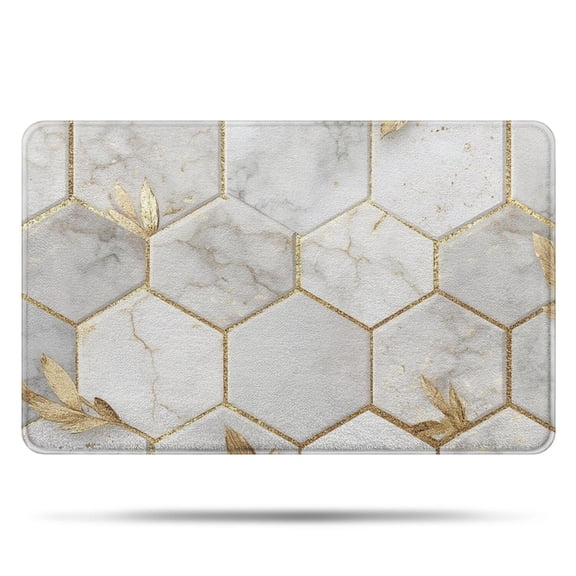 White Marble Gold Leaf Hexagon Pattern Bathroom Rugs Mat,Non Slip Microfiber Bathroom Rug,Rubber Backing,Soft Bathroom Mats for Bathroom Floor,Tub and Shower,20x32in(50x80cm)