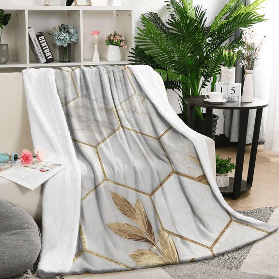 White Marble Gold Leaf Hexagon Pattern Blanket,Comfortable Soft Flannel Throw Blanket,All Season,Warm Lightweight Blankets for Sofa Bed Couch Living Room Chair,50"x60"