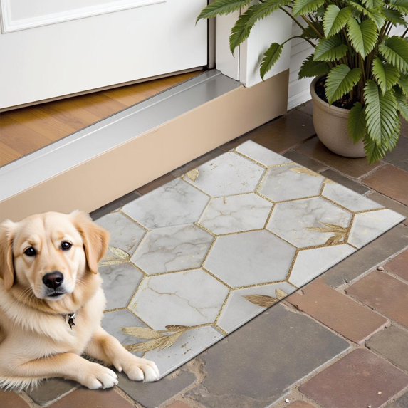 White Marble Gold Leaf Hexagon Pattern Door Rugs,Washable Non Slip Door Mats Indoor,Decorative Door Mats,Entry Mat Indoor for Entrance,Bedroom,Kitchen,Bathroom,16"x24"