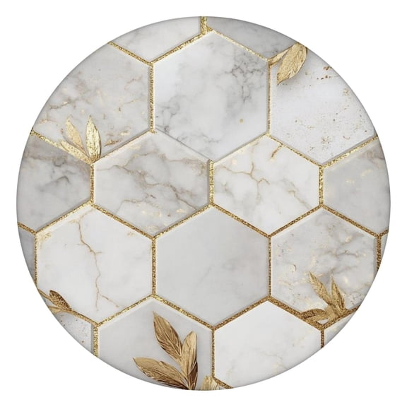 White Marble Gold Leaf Hexagon Pattern Round Fitted Tablecloth with Elastic Edge,Dining Table Cover Waterproof,Outdoor Round Tablecloth for Camping,Dining,Indoor and Outdoor
