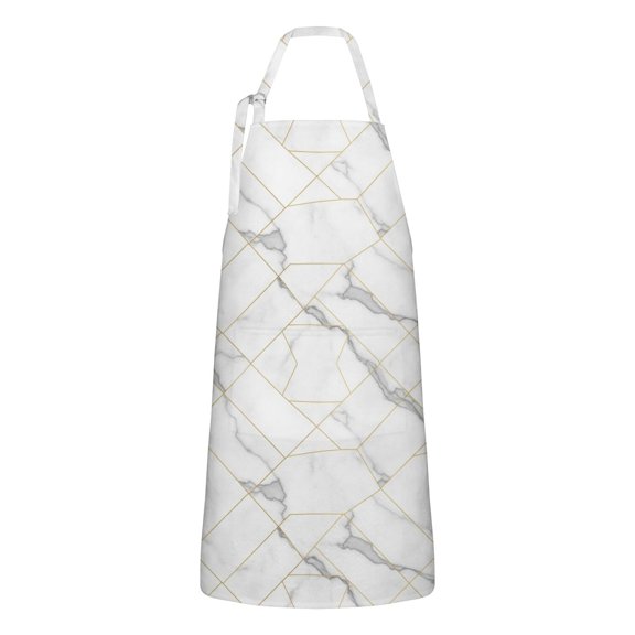 White Marble Gold Line Pattern Apron-Garden Aprons for Women with Pockets-Cotton Linen Waterproof Kitchen Cooking Gardening Aprons Adjustable for Kitchen,Cooking,BBQ and Salon 33x27 Inch