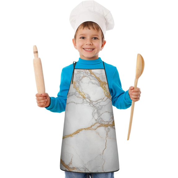 White Marble Gold Line Pattern Kids Aprons for Girls and Boys,Adjustable Neck Strap Toddler Aprons for Kids Cooking Baking
