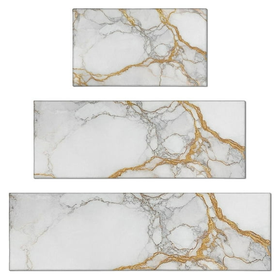 White Marble Gold Line Pattern Kitchen Rugs Sets Of 3,Kitchen Runner Rugs Non Skid Washable,Decorative Kitchen Floor Mats for Kitchen,Sink,Laundry,17"x30"+ 17"x47" + 17"x59"
