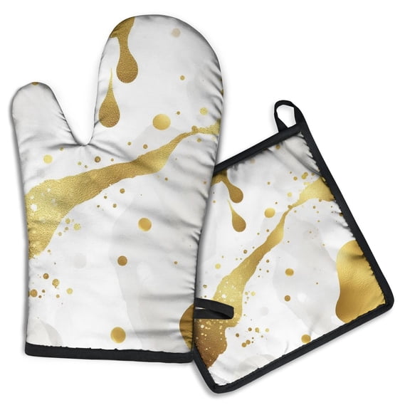 White Marble Gold Spot Pattern Kitchen Oven Mitt and Pot Holder Sets 2 Pcs for Baking, Cooking and Grilling, Heat Resistant Up To 392 °F
