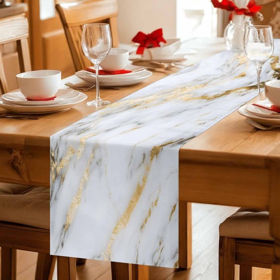 White Marble Golden Lines Table Runner 36 Inches Long,Kitchen Dining Tablerunners Minimalism Abstract Texture Linen Table Runners Dresser Scarves for Home Dinner Wedding Holiday Party Decor