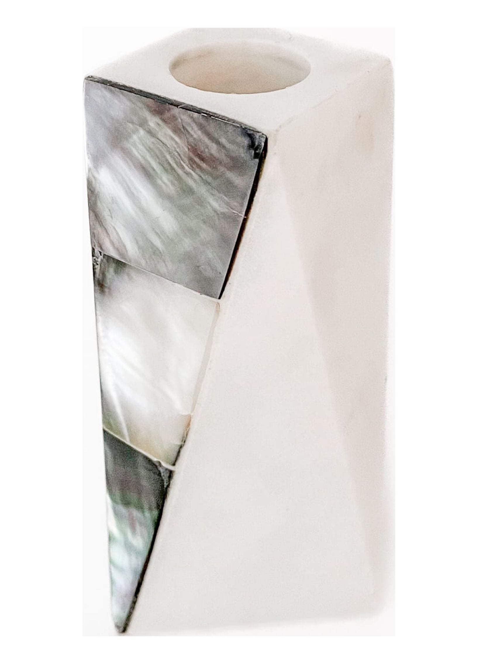 Small White Marble and Grey Mother of Pearl Candle Holder