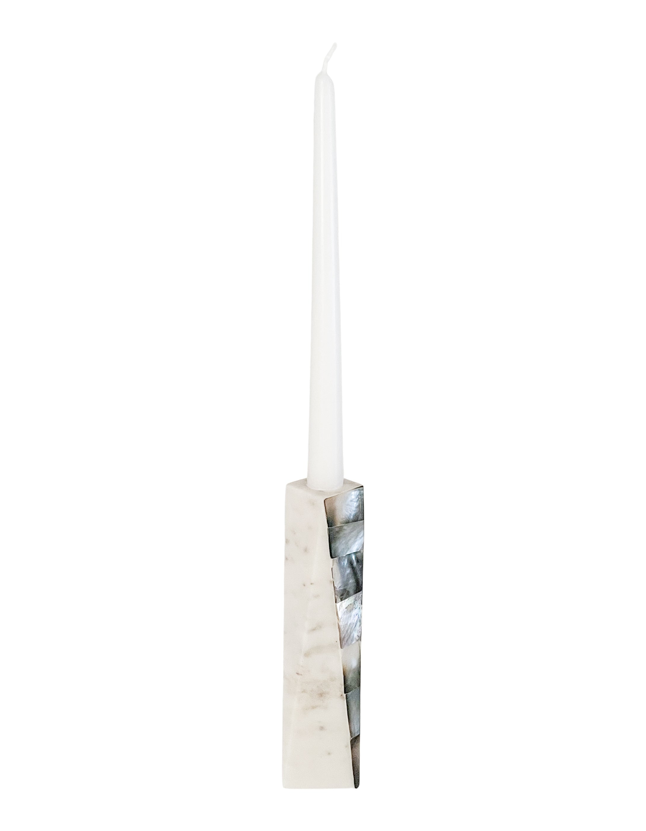 Small White Marble and Grey Mother of Pearl Candle Holder