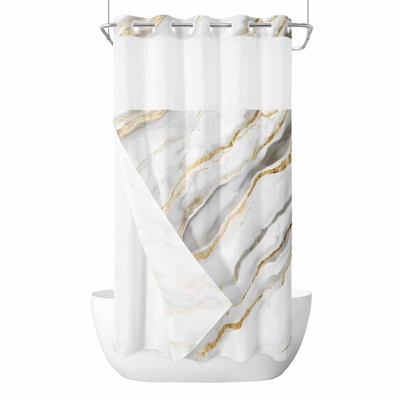 White Marble No Hook Shower Curtain Waterproof, Bathroom Curtains with Snap in Liners and See Through Top Window, Abstract Modern Yellow Crack Art Hotel Style Bathtub Curtains Shower 36"Wx78"L