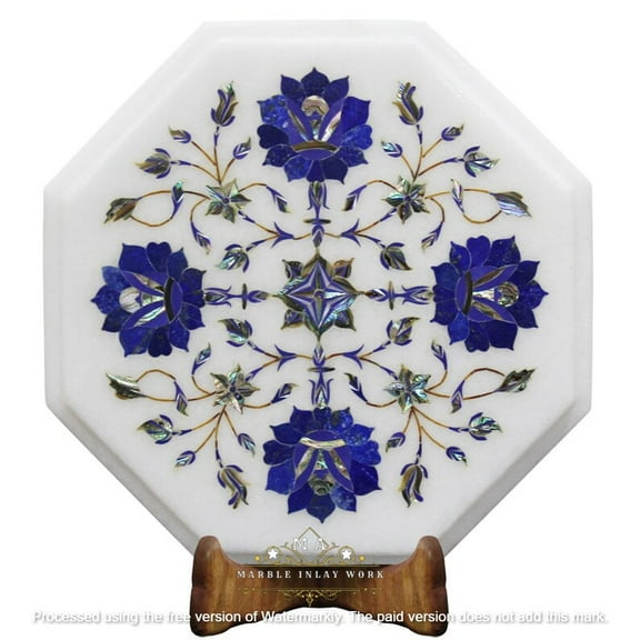 White Marble Inlay Side Table with Blue Flower Design, Elegant Bedside or Coffee Table for Home Decoration-18 Inch