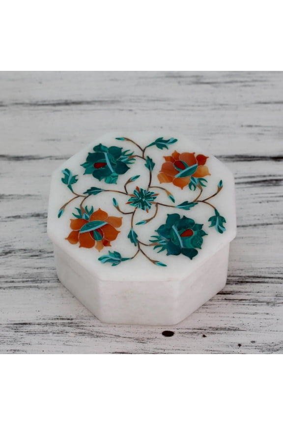 White Marble Inlay Trinket Box Inlaid Malachite Gemstone