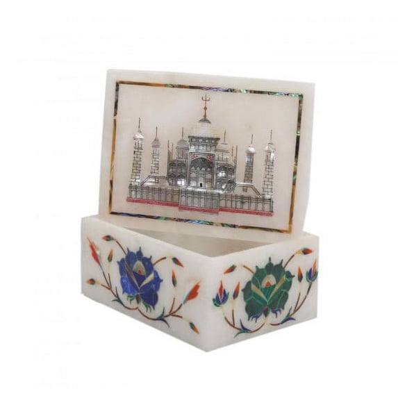 White Marble Jewelry Box Multi Color Gemstone Inlaid Bangle Box