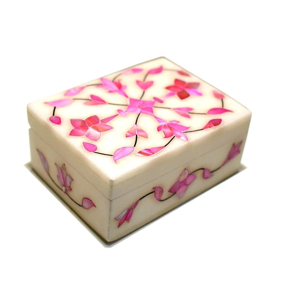 White Marble Jewelry Box Pink Quartz Stone Inlaid Floral Arts Dcor
