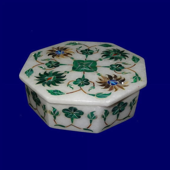 White Marble Jewelry BoxGemstone Inlay Floral Art Handmade Designer Anniversary Gifts