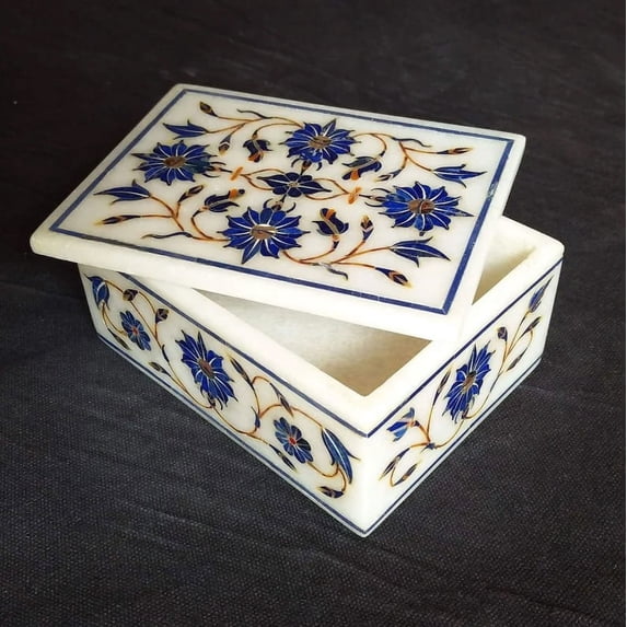 White Marble Jewelry Storage Box Lapis Gems Stones Floral Marquetry Inlay Occasional Gift