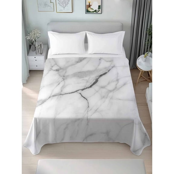 White Marble King Size Flat Sheet, Wrinkleproof & Fadeproof Cooling Flat Bed Sheet Only, Modern Geometric Abstract Minimalist Crack Breathable Soft Bedding Top Sheets 105 x 98 Inches