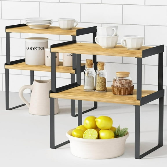 White Marble Kitchen Counter Shelf Organizer, Modern Dish Plate Organizer for Cabinet Space Saver, Small Wood Stackable 2 Tier Office Desktop Shelf Risers for Books Monitor - Set of 4