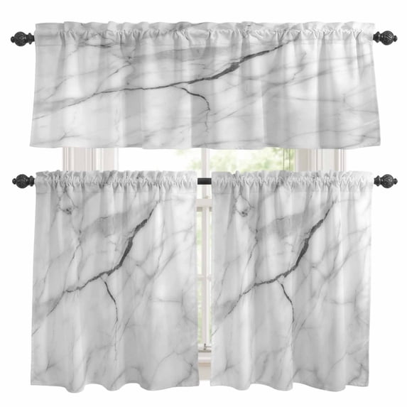 White Marble Kitchen Curtains Sets for Windows 36 Inch Length, Modern Geometric Abstract Minimalist Crack Rod Pocket Window Treatments Tier Curtains and Valances Set for Bedroom/Bathroom