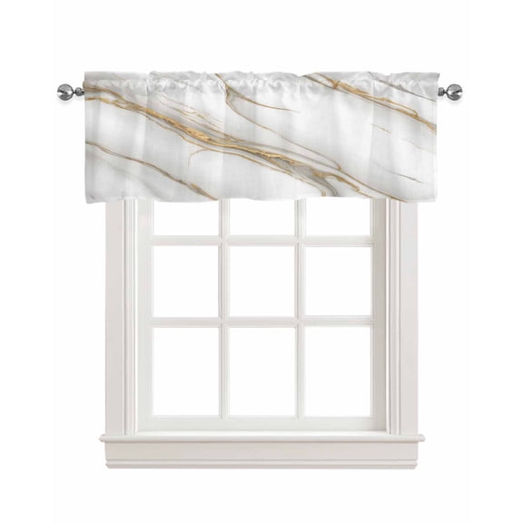 White Marble Kitchen Valances for Windows Farmhouse Linen Window Valance Curtain for Living Room Window Treatment Modern Abstract Vintage Luxury Fluid Valance Rod Pocket Topper Drape, 42 x 12 Inch