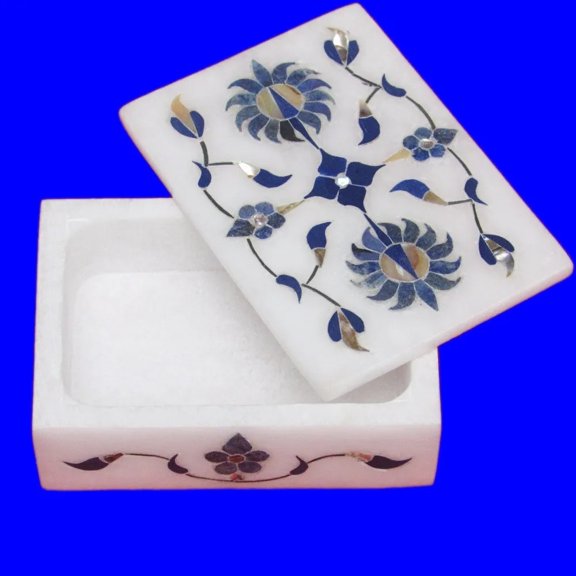 White Marble Lapis Lazuli Stone Floral Art Inlay Jewelry Box