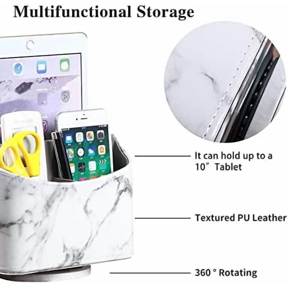 White Marble Leather Remote Control Holder,360 Degree Spinning Desk TV Remote Caddy/Box,Beside Table Organizer for Controller,Media,Makeup, Mobile Phone and Pen/Pencil Stationery Storage