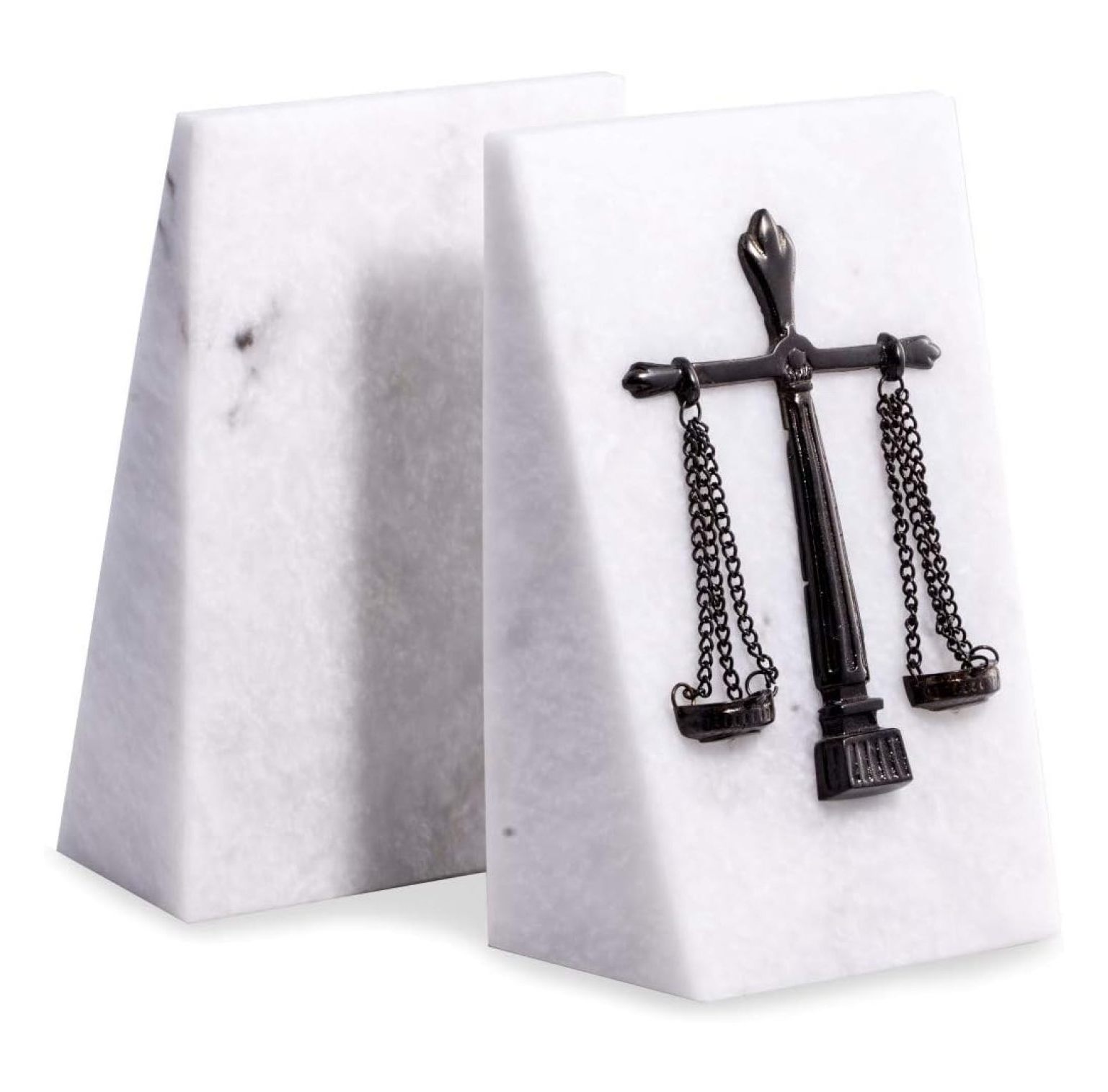 White Marble Legal Bookends with Antique Silver Plated Scales of Emblem