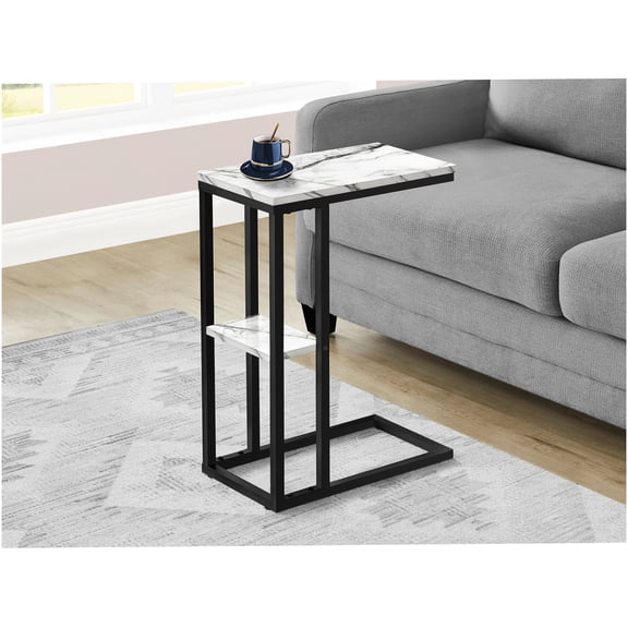 White Marble Look Sofa Side Table with Metal Frame, C-Shape End Table for Living Room, Bedroom, Modern Accent Table with Bottom Shelf
